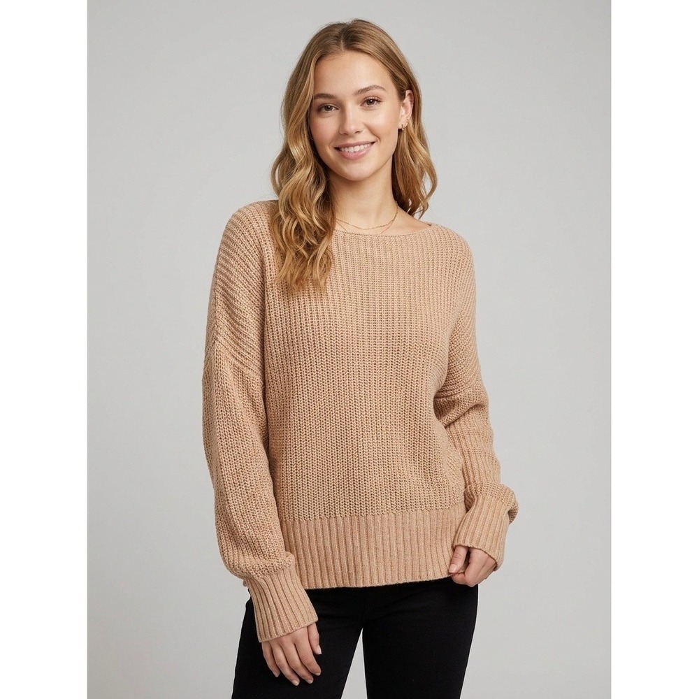 J.Crew Women Linen Cotton Blend Boatneck Shaker Stitch Sweater Tan Small